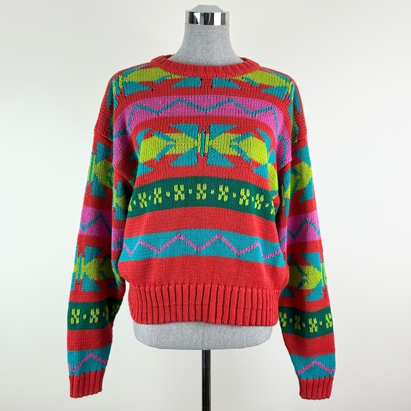 Vintage Sweaters - Vintage Lizwear Bright Colorful Multi Geometric Knit Sweater Size Large‎